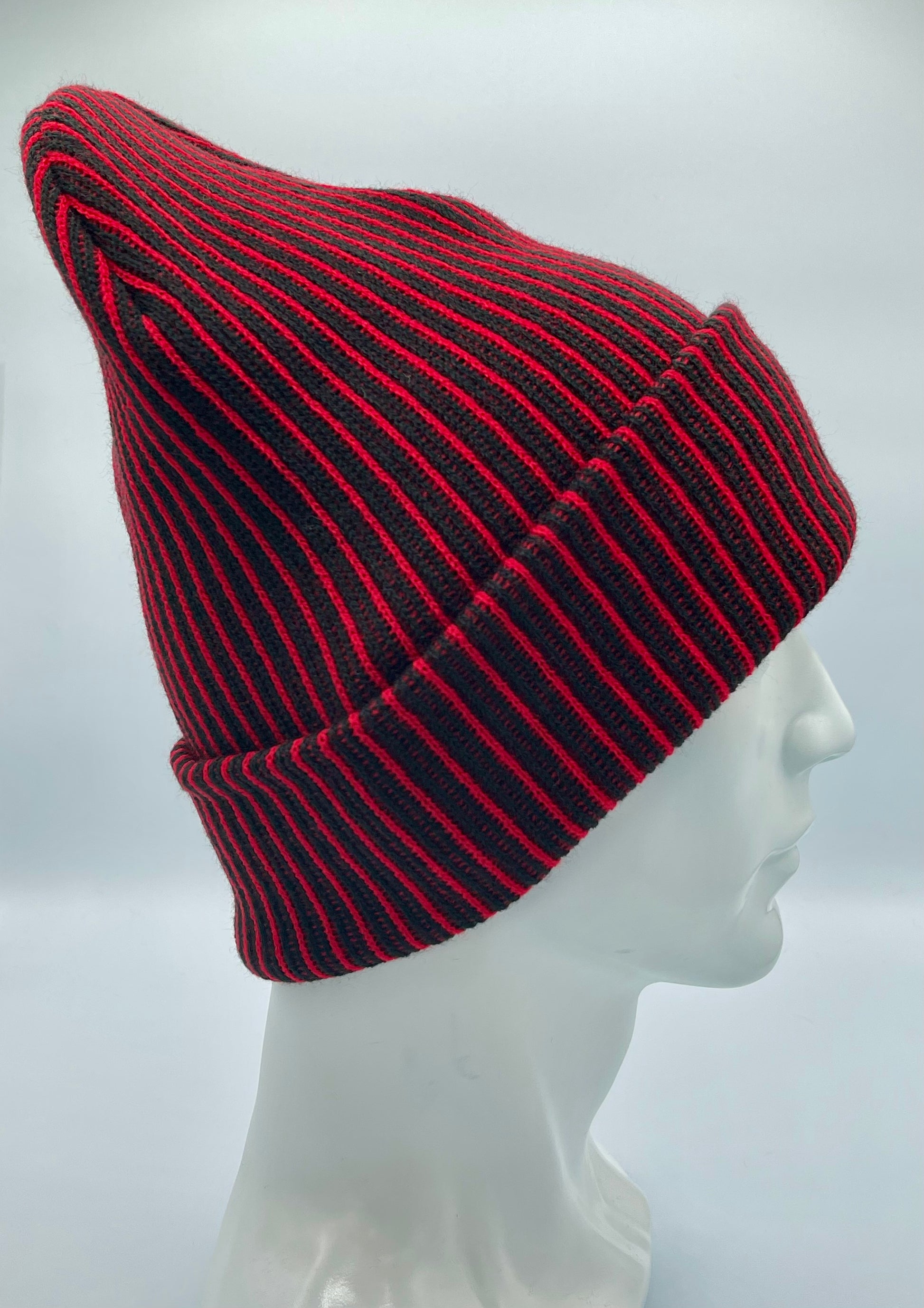 HAAKWEAR Cuffed Wide Ribbed Striped Beanie / Hat, Black / Red, Limited Edition - Made in USA HAAKWEAR