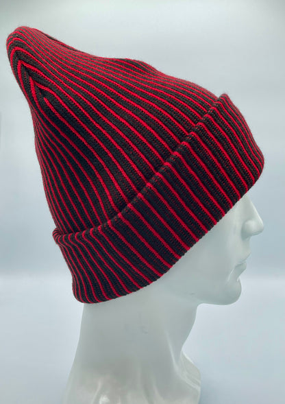 HAAKWEAR Cuffed Wide Ribbed Striped Beanie / Hat, Black / Red, Limited Edition - Made in USA HAAKWEAR