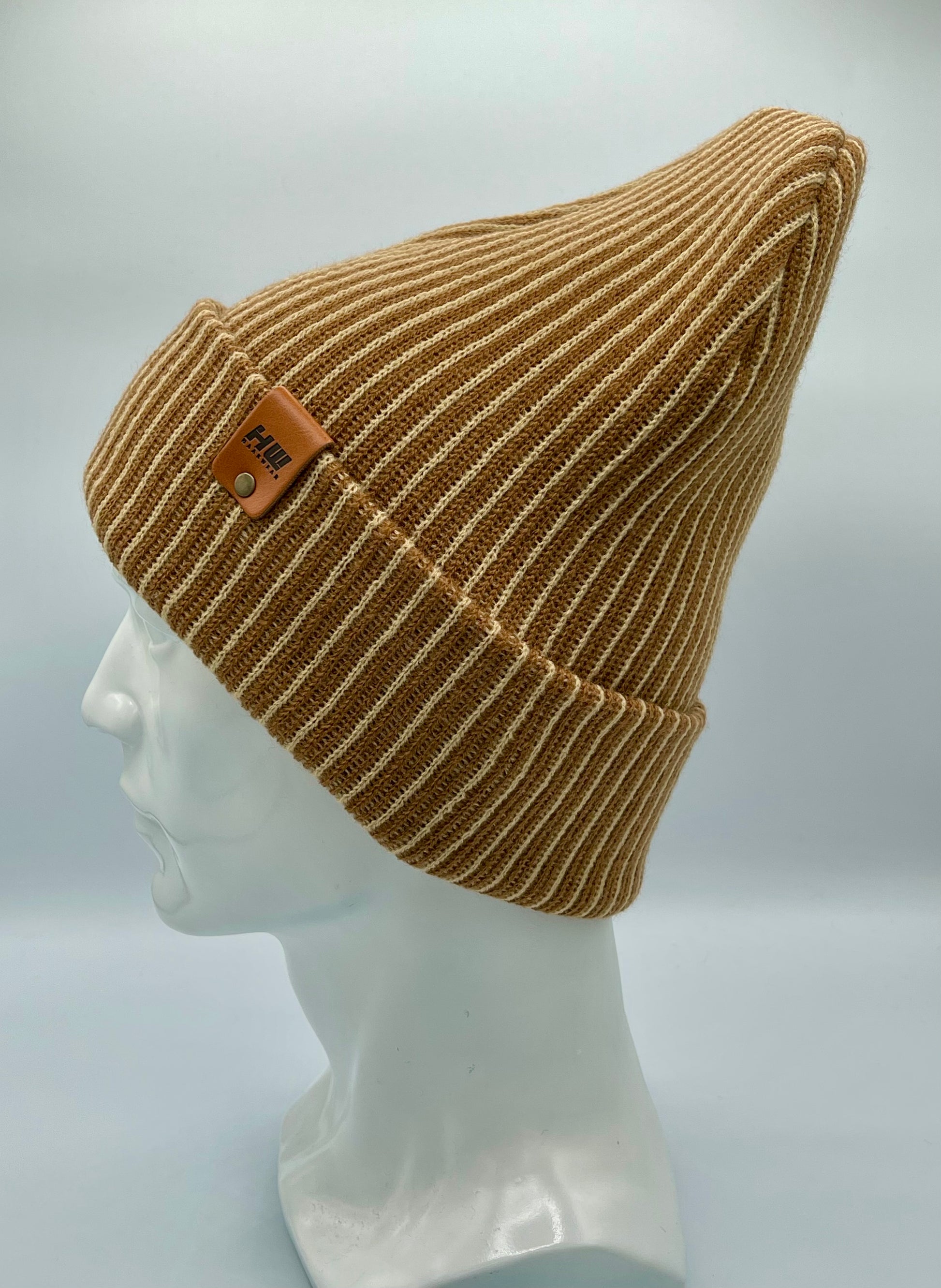 HAAKWEAR Cuffed Wide Ribbed Striped Beanie / Hat, Brown / Beige, Limited Edition - Made in USA HAAKWEAR