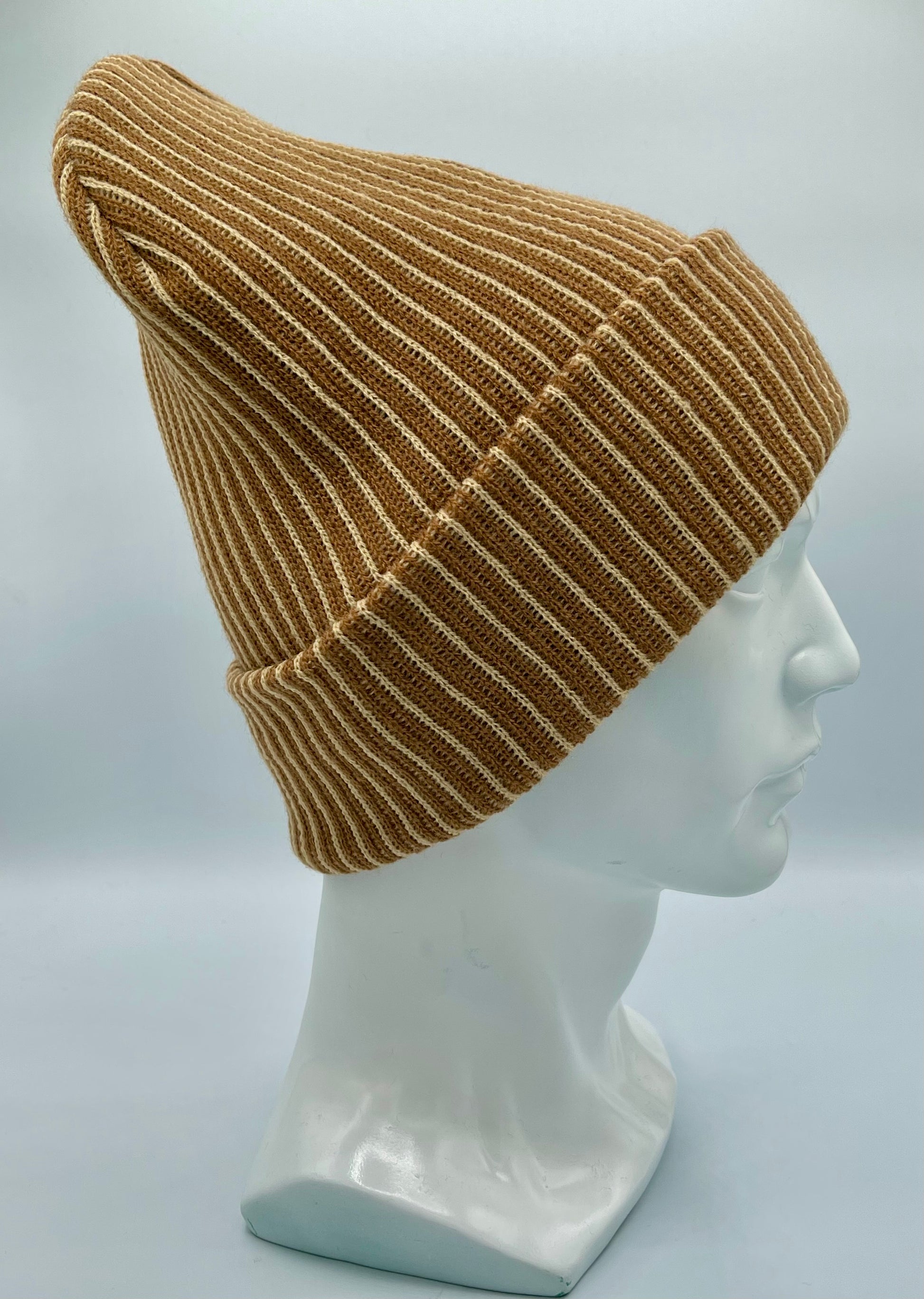 HAAKWEAR Cuffed Wide Ribbed Striped Beanie / Hat, Brown / Beige, Limited Edition - Made in USA HAAKWEAR