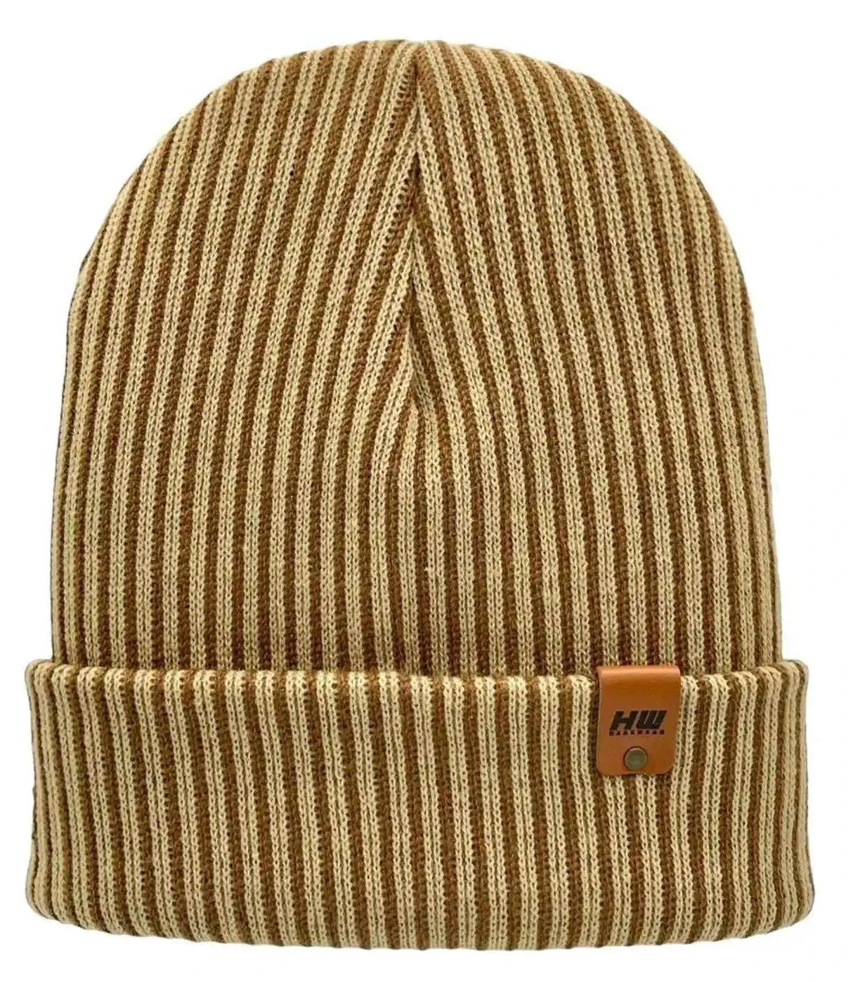 Cuffed striped ribbed beanie in brown and beige with contrast patch
