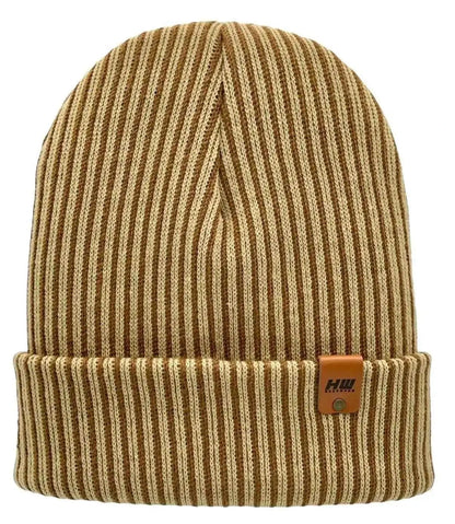 Cuffed striped ribbed beanie in brown and beige with contrast patch