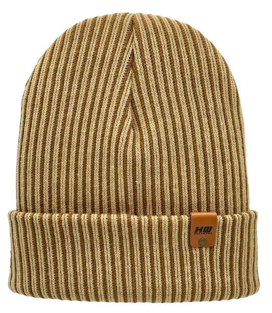 Cuffed striped ribbed beanie in brown and beige with contrast patch