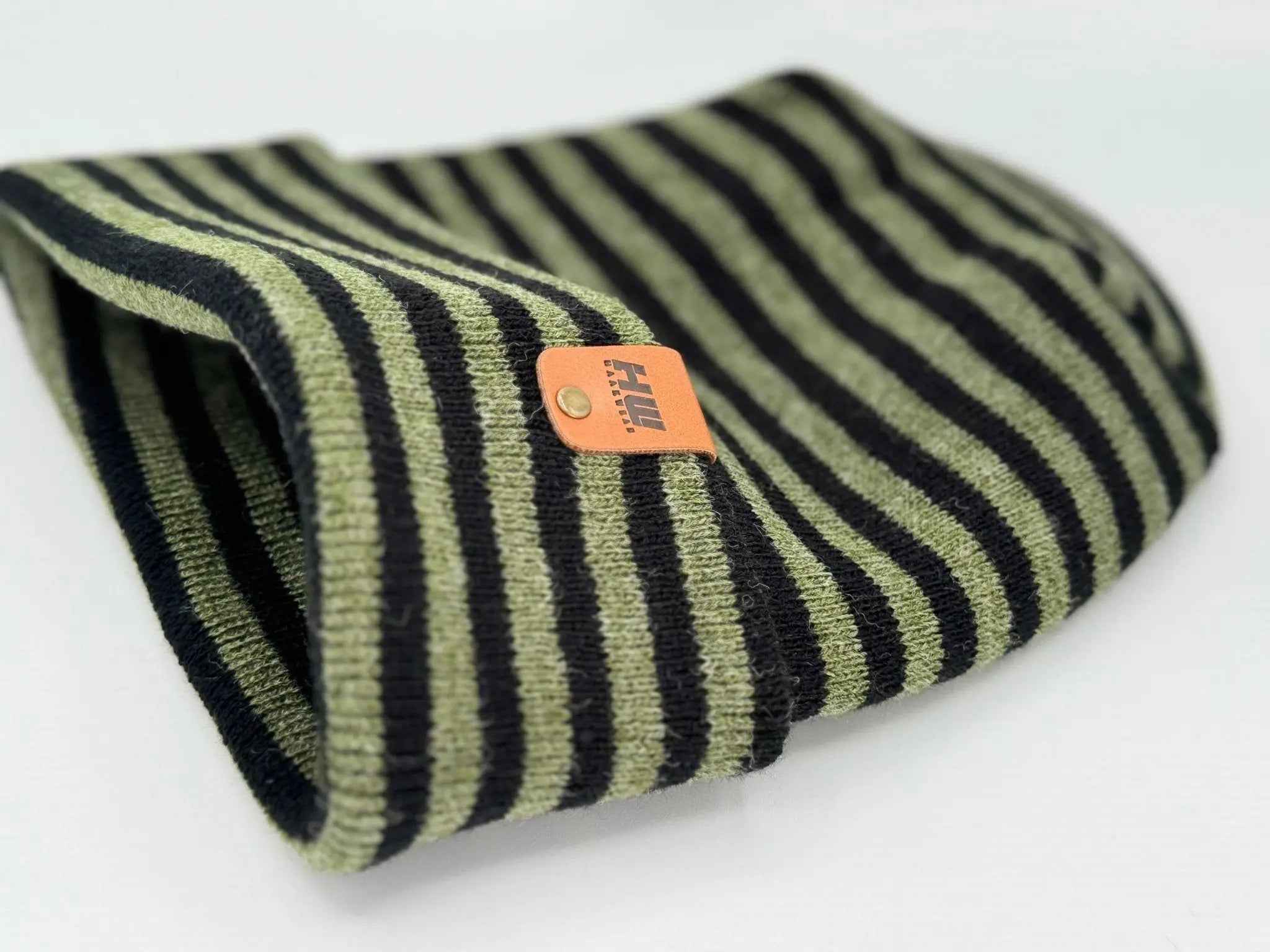 HAAKWEAR H Stitch RORO Cuffed Beanie (Patented Design) Black / Green, Made in USA.