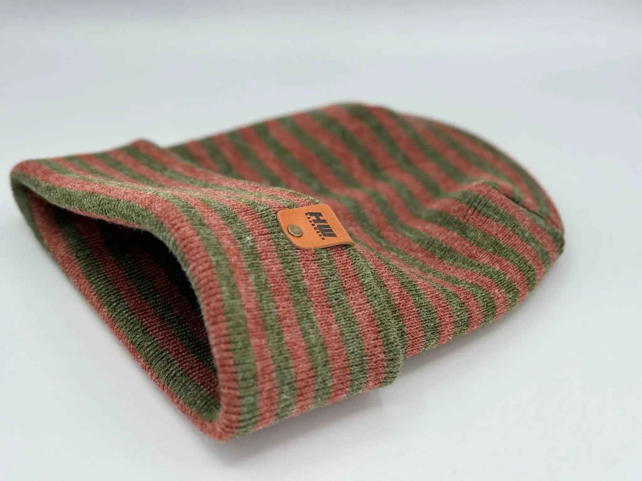 HAAKWEAR H Stitch RORO Cuffed Beanie (Patened Design) Burgundy / Green, Made in USA.