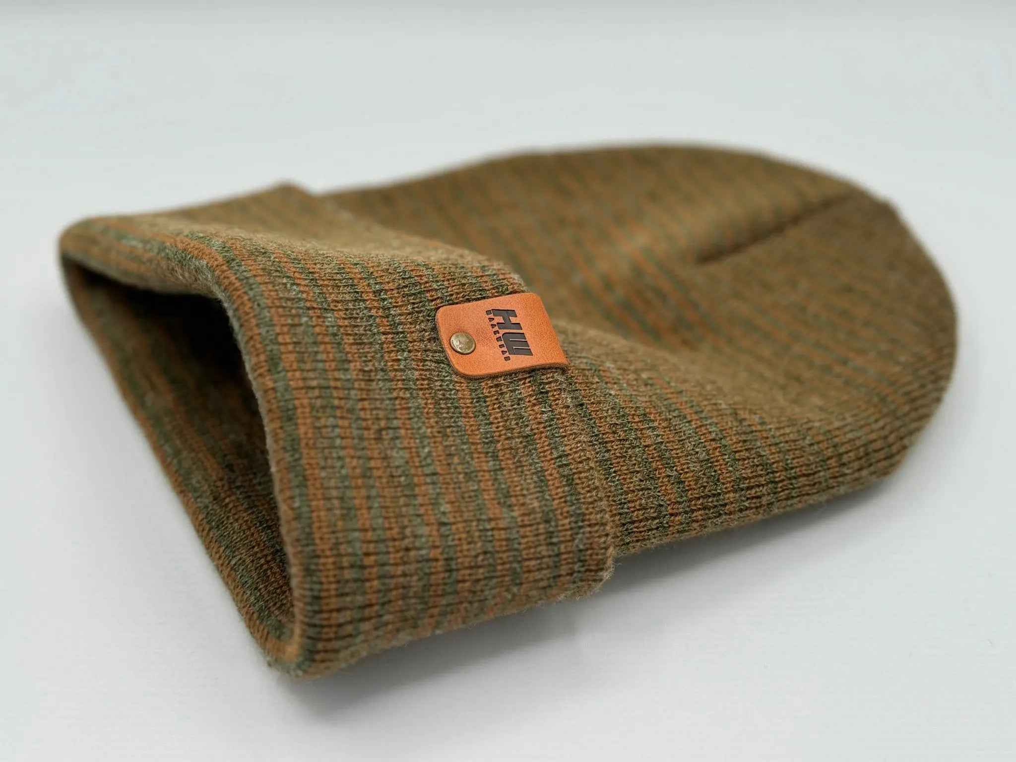HAAKWEAR Traditional Contrast Cuffed Beanie Hat - Brown / Green, Made in USA.