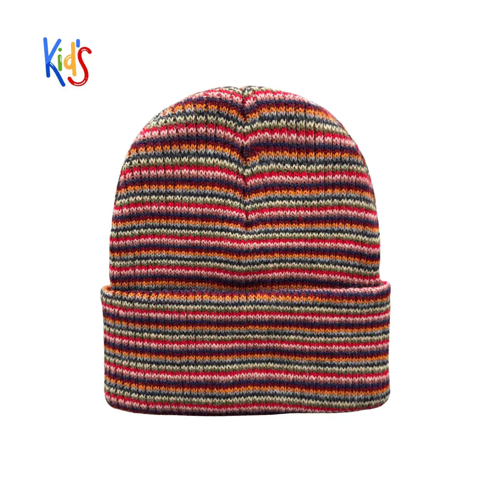 Kids knit beanie with ribbed cuff and multicolor striped knit pattern, no logo