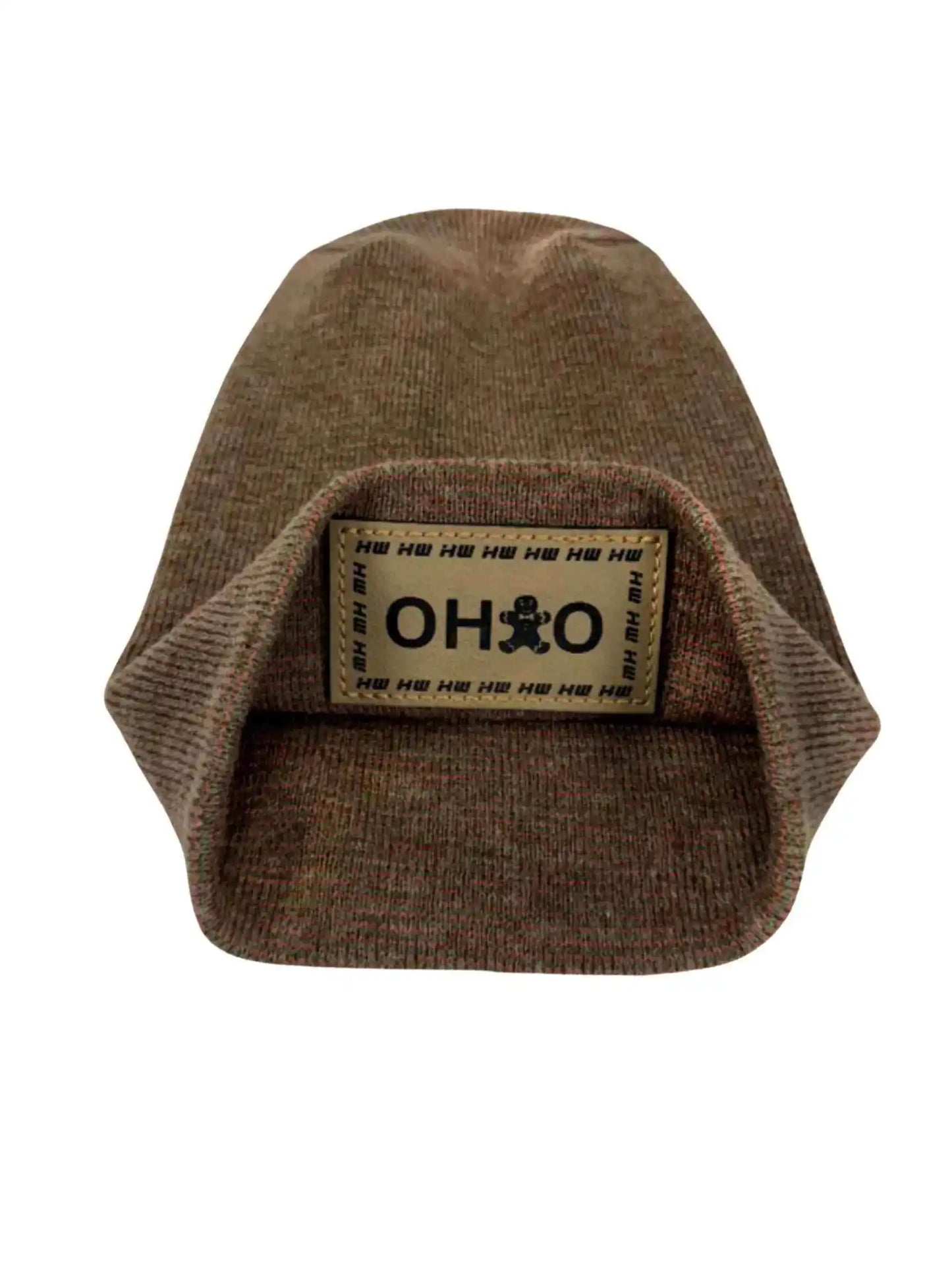 Brown knit beanie with OHIO logo patch on folded cuff