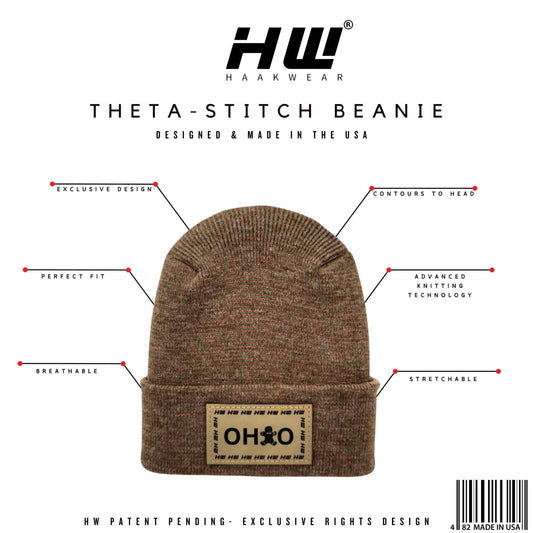 Brown knit beanie with rectangular OHIO logo patch on front cuff