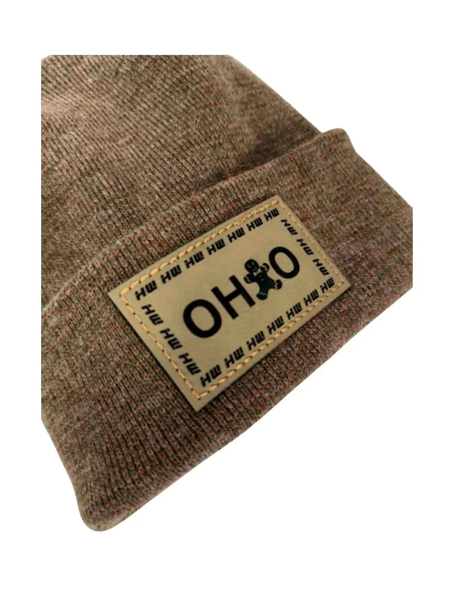 Brown knit beanie folded, with rectangular OHIO logo patch