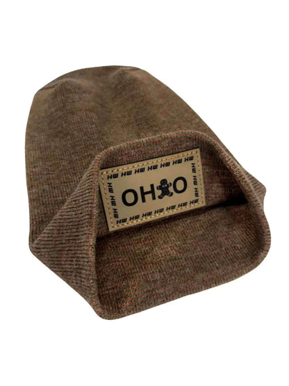Brown knit beanie with rectangular OHIO logo patch on front