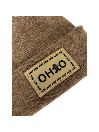 Brown knit beanie close-up with rectangular OHIO logo patch