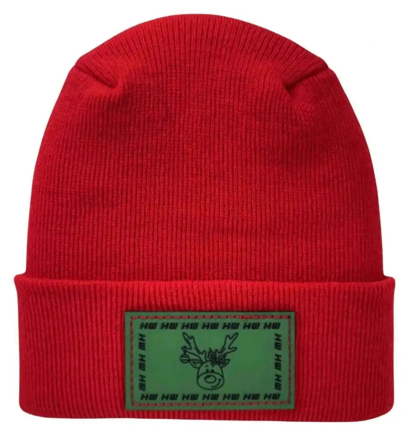 Red knit beanie with ribbed cuff and reindeer graphic patch on front
