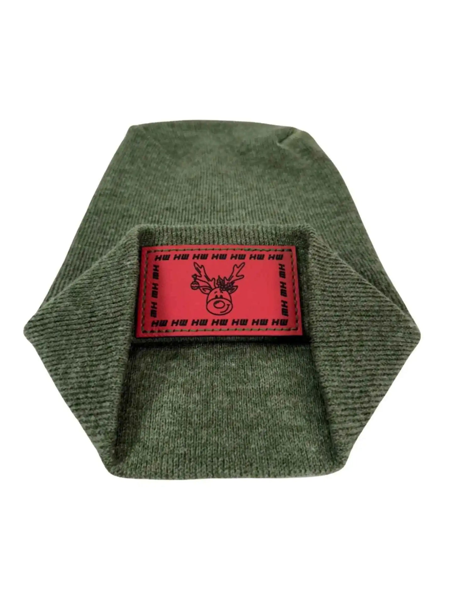Olive knit beanie with red reindeer label patch on the front