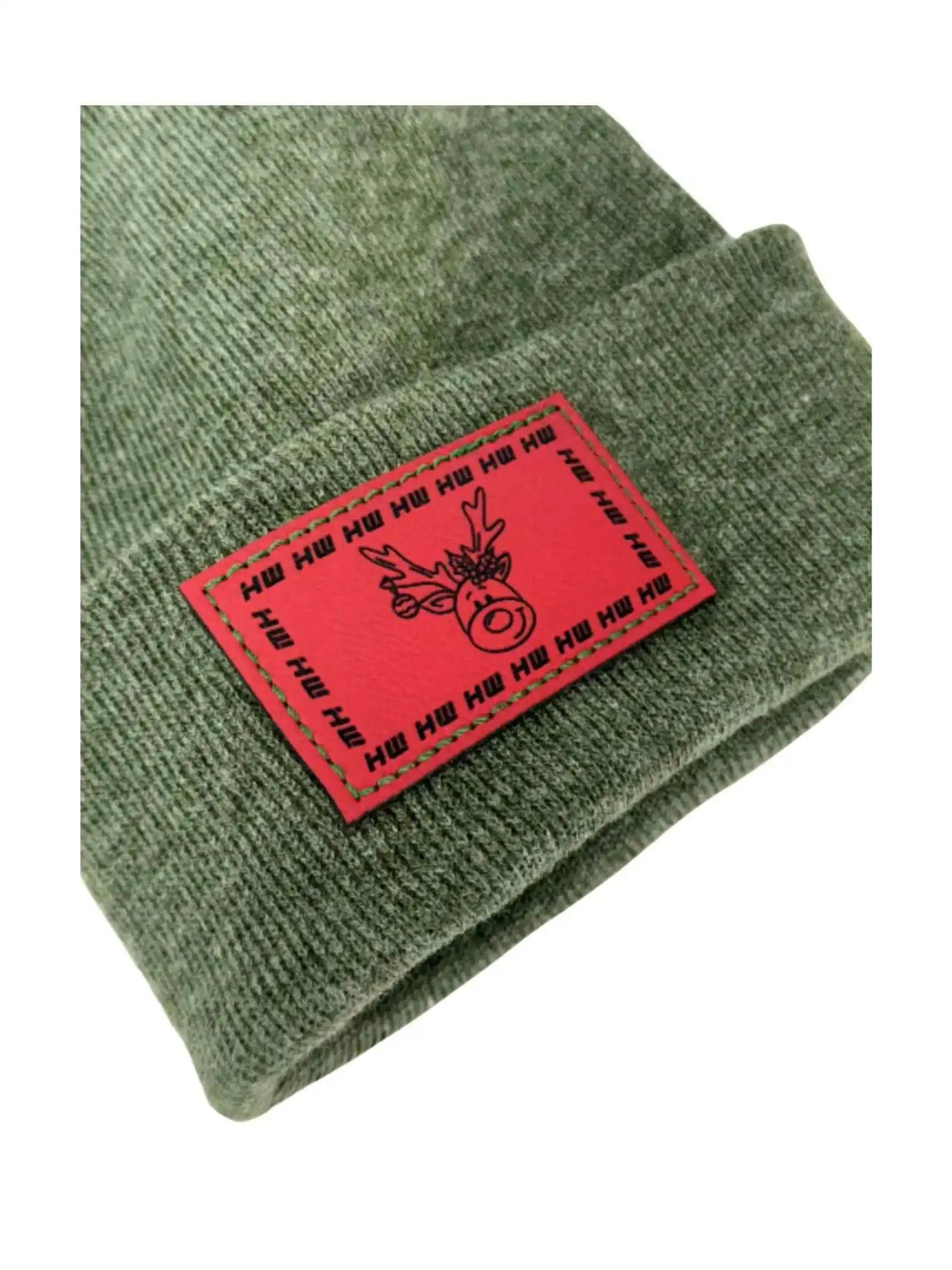 Olive beanie with front red reindeer logo patch and 'HU HU HU' text