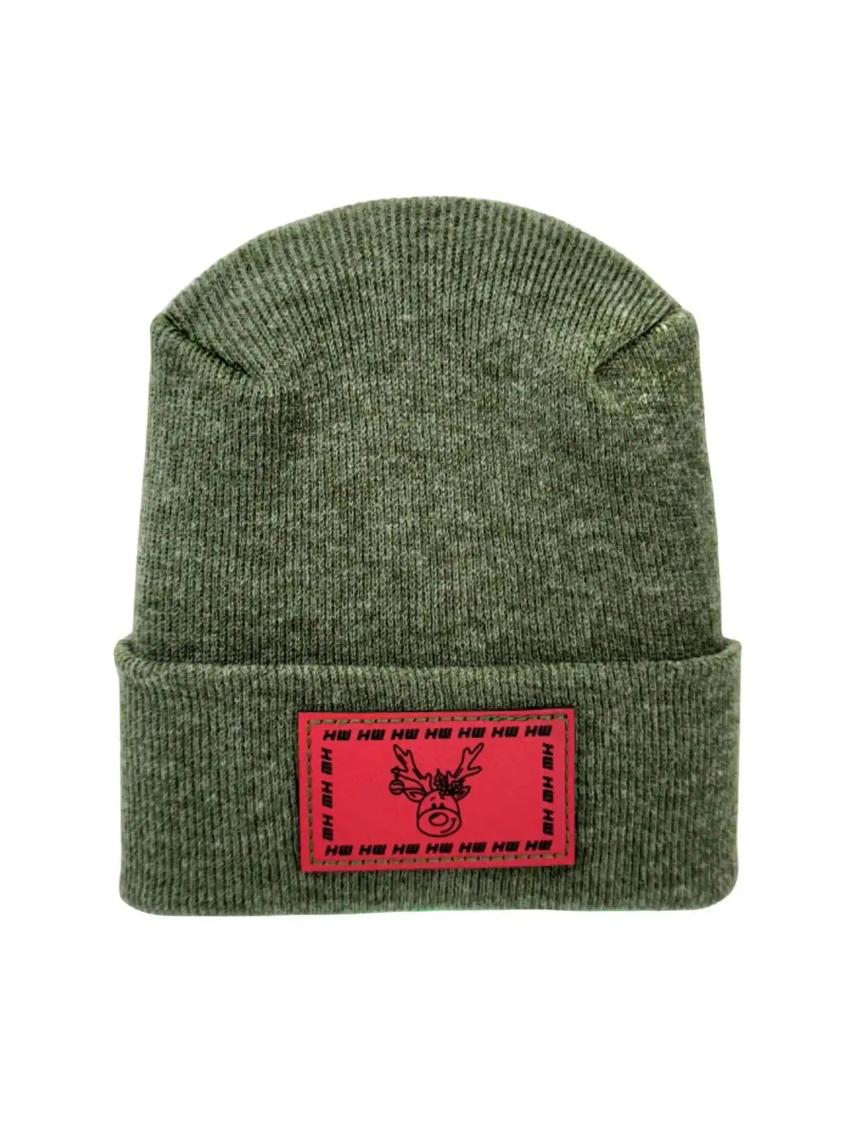Olive ribbed beanie with folded cuff and red reindeer patch