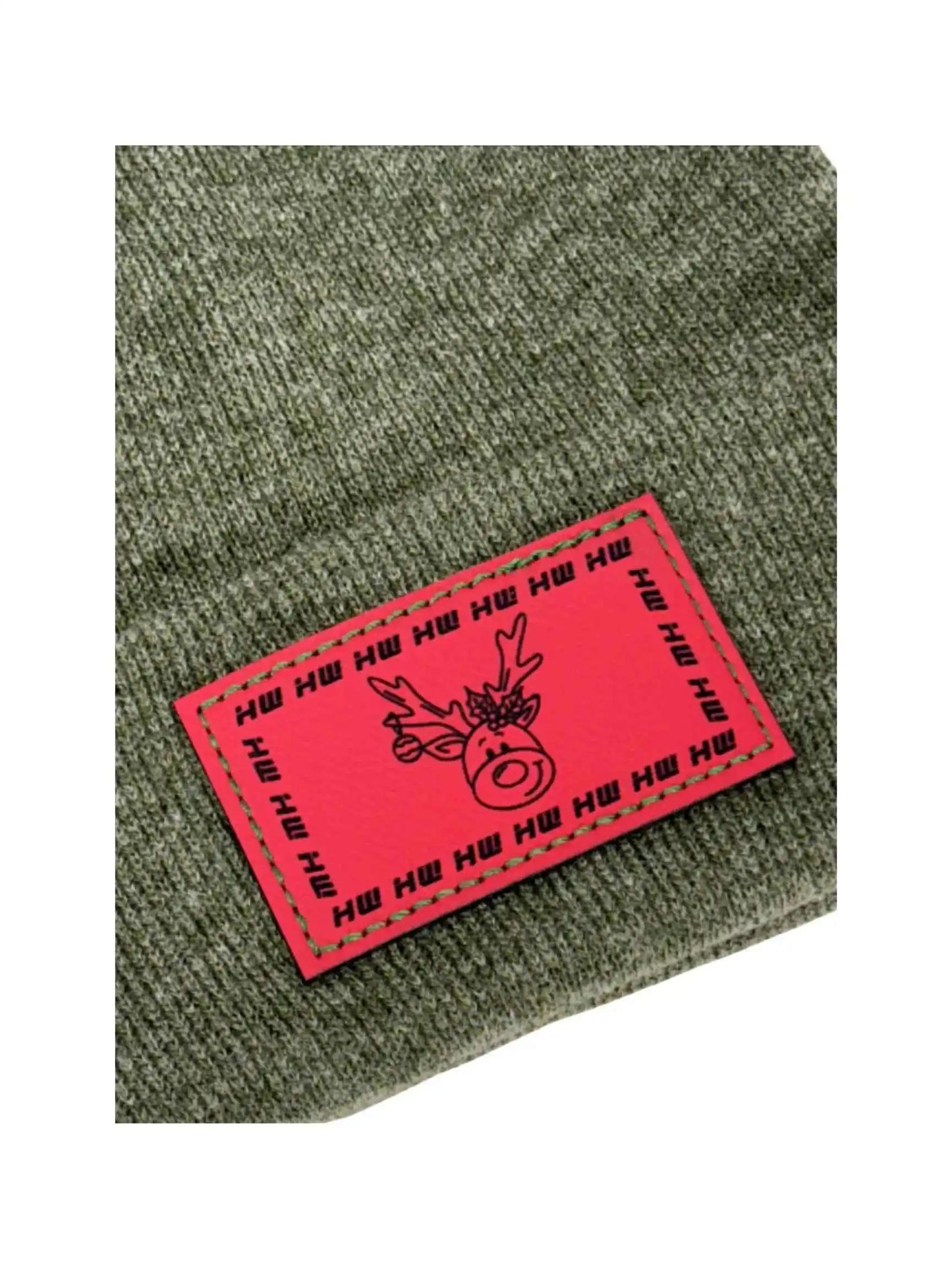 Olive knit beanie with red rectangular reindeer patch on the cuff