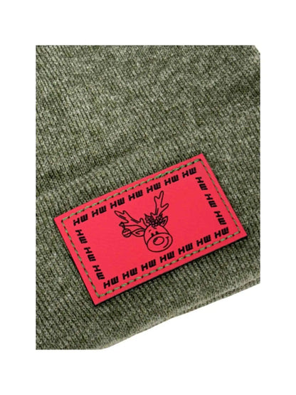 Olive knit beanie with red rectangular reindeer patch on the cuff