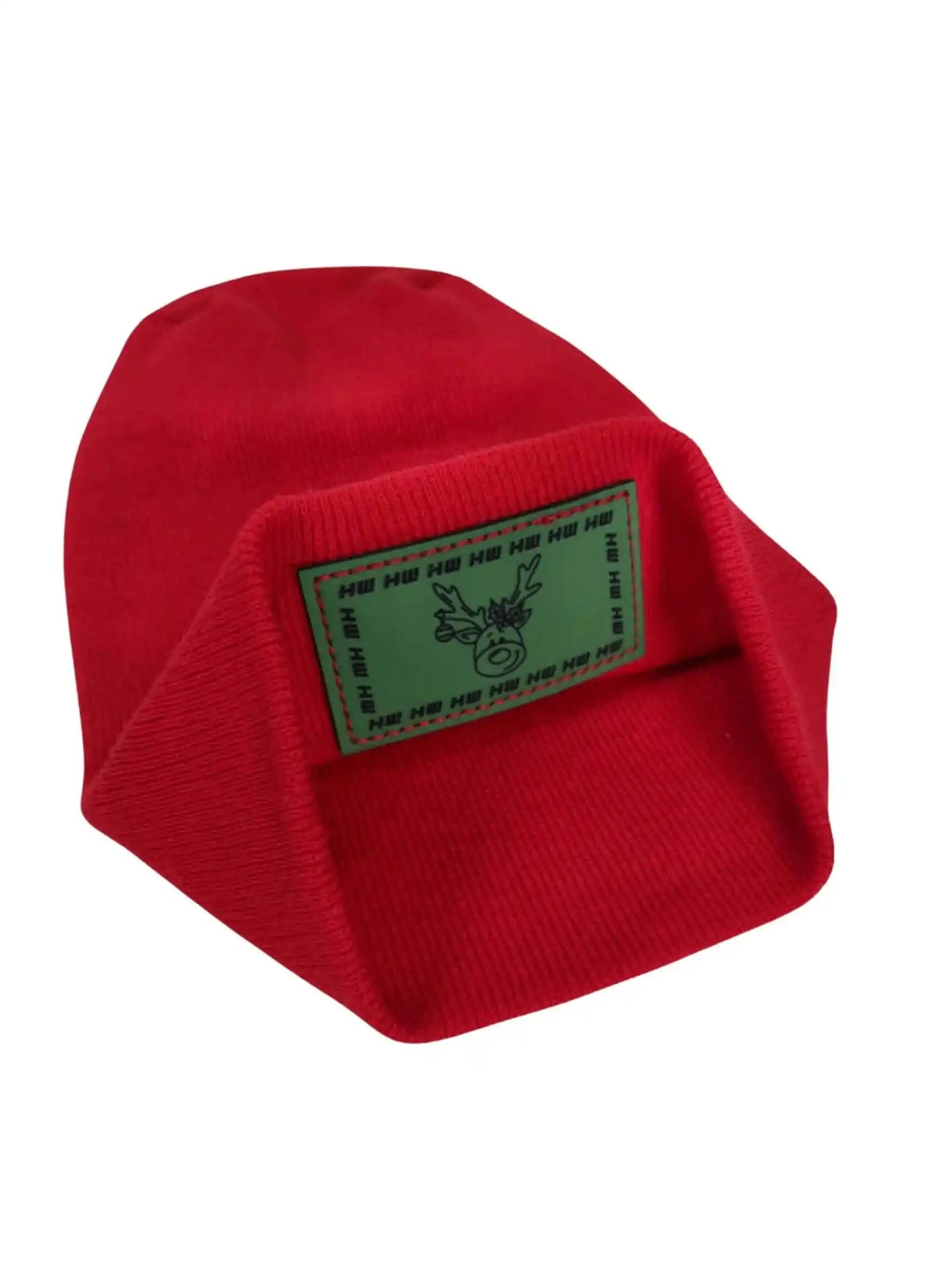 Red knit beanie with green reindeer patch, side view