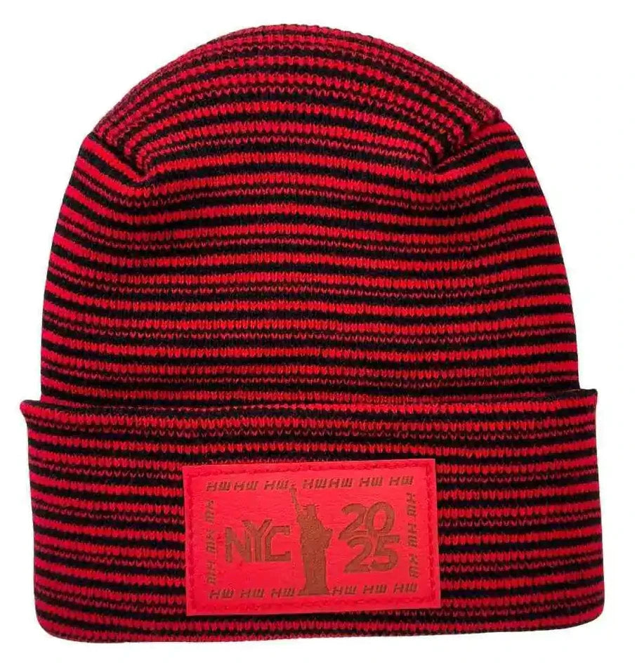 Cuffed knit beanie with red and black horizontal stripes and front NYC 25 patch