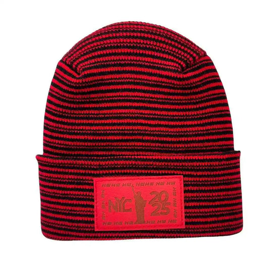Striped knit beanie with cuff, red and dark bands, front NYC 2025 patch