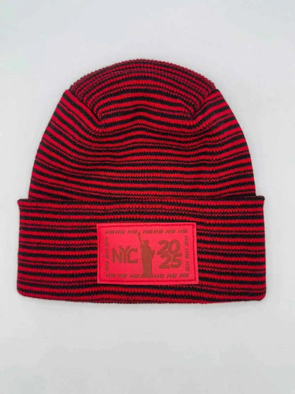 Cuffed beanie in red and black striped knit with front NYC 25 logo patch