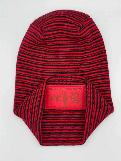 Cuffed knit beanie with red and black stripes, front NYC 25 logo patch detail