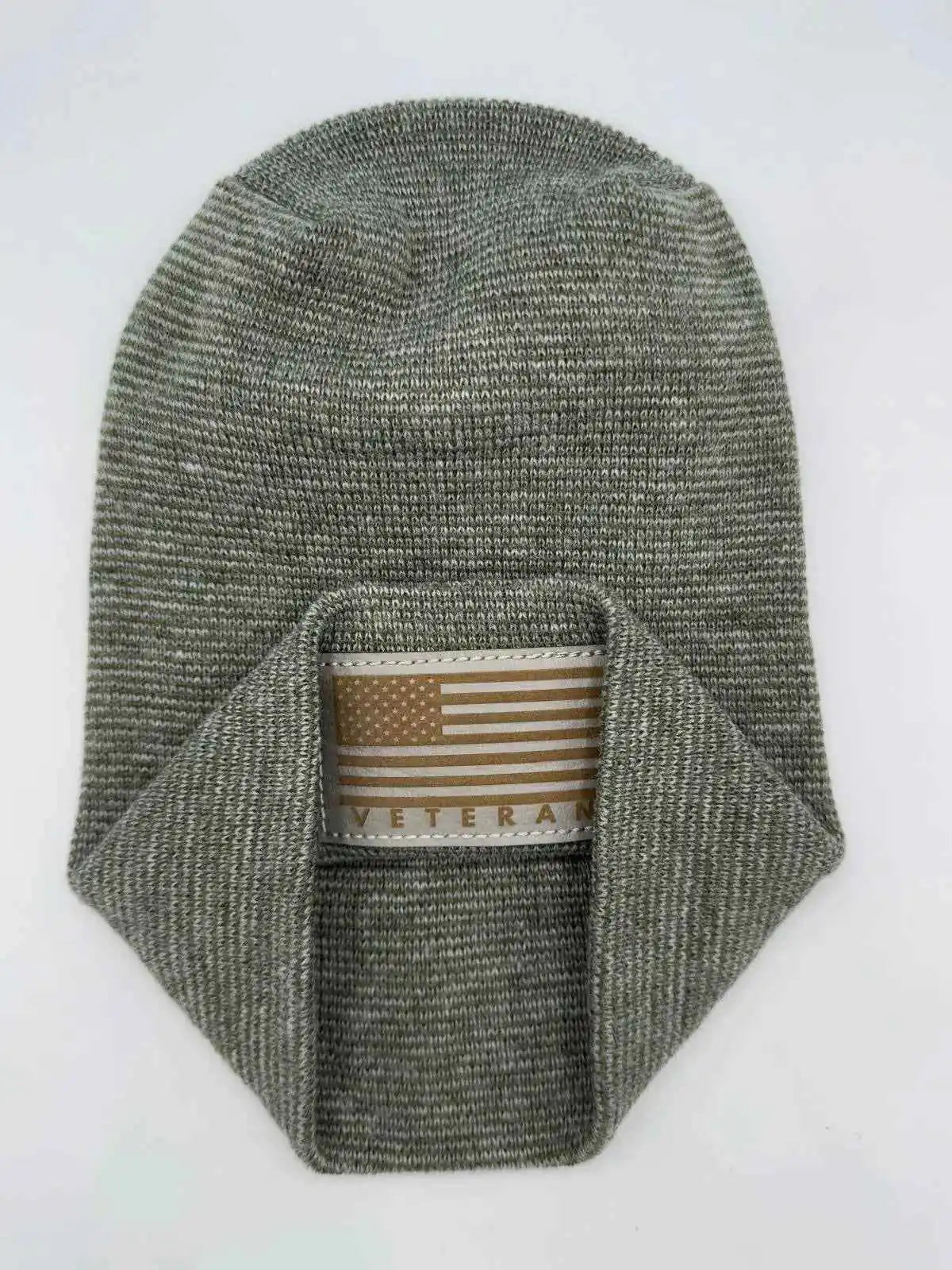 Olive-gray knit cuffed beanie with rectangular Veteran patch.