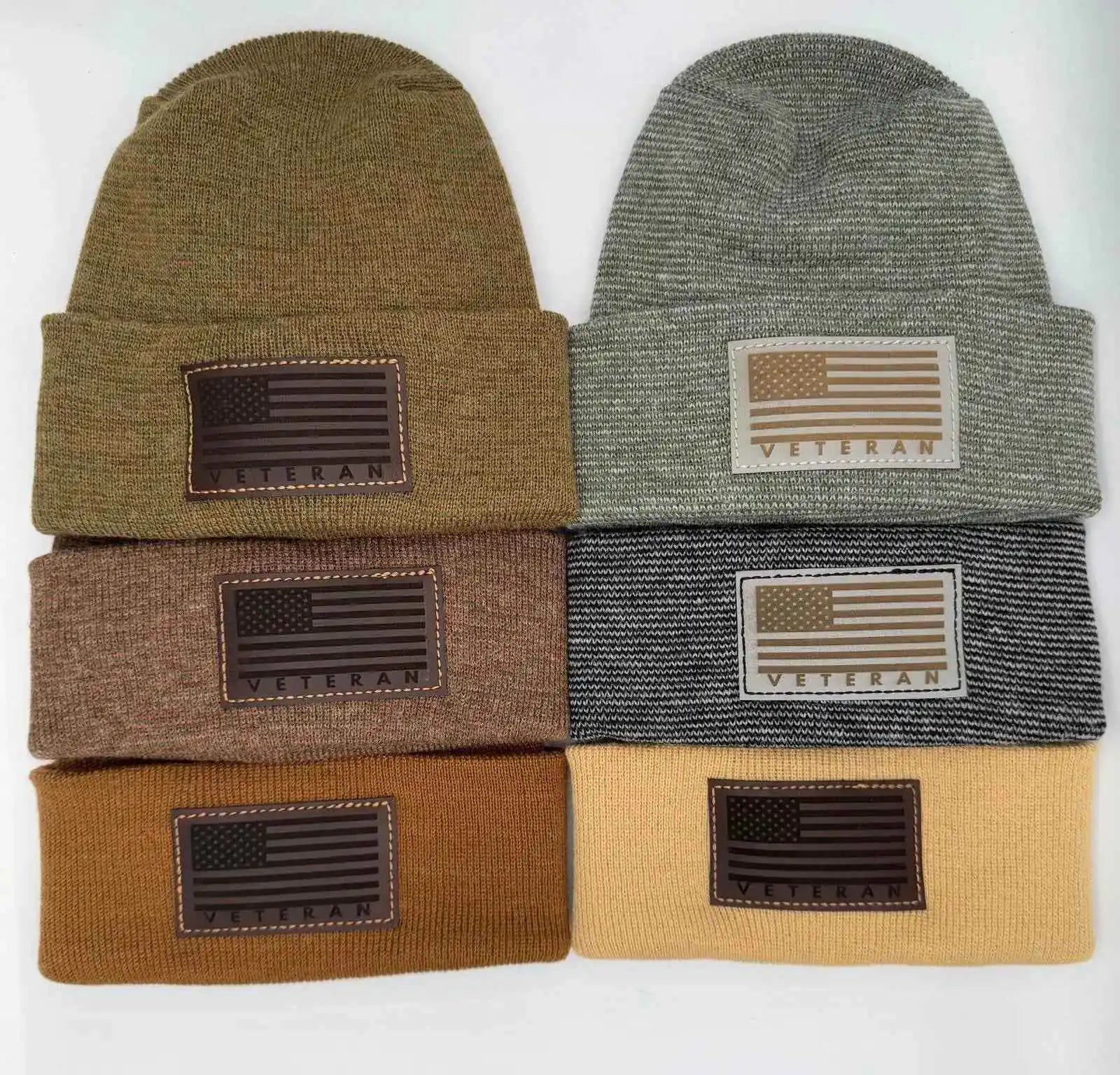 Cuffed knit beanie set with Veterans flag patches in olive, heather gray, brown, and tan