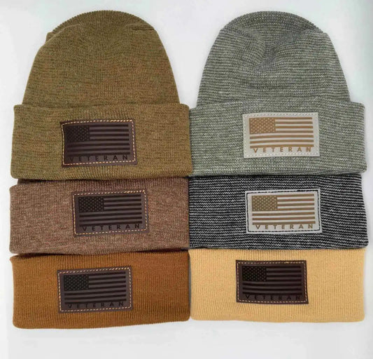 Cuffed knit beanie set with Veterans flag patches in olive, heather gray, brown, and tan