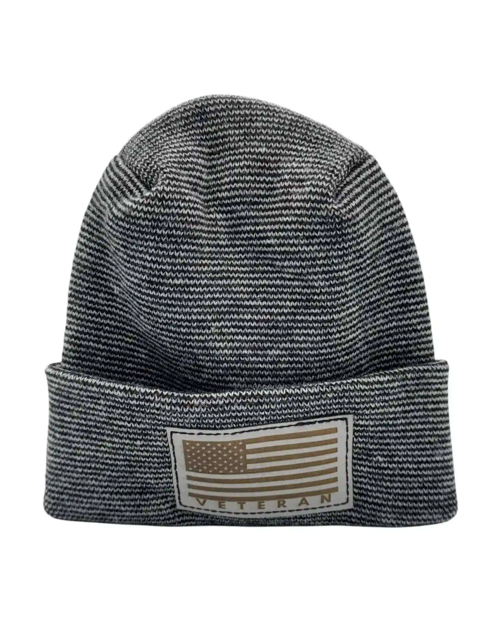 Black-and-white striped cuffed beanie with rectangular Veteran patch.
