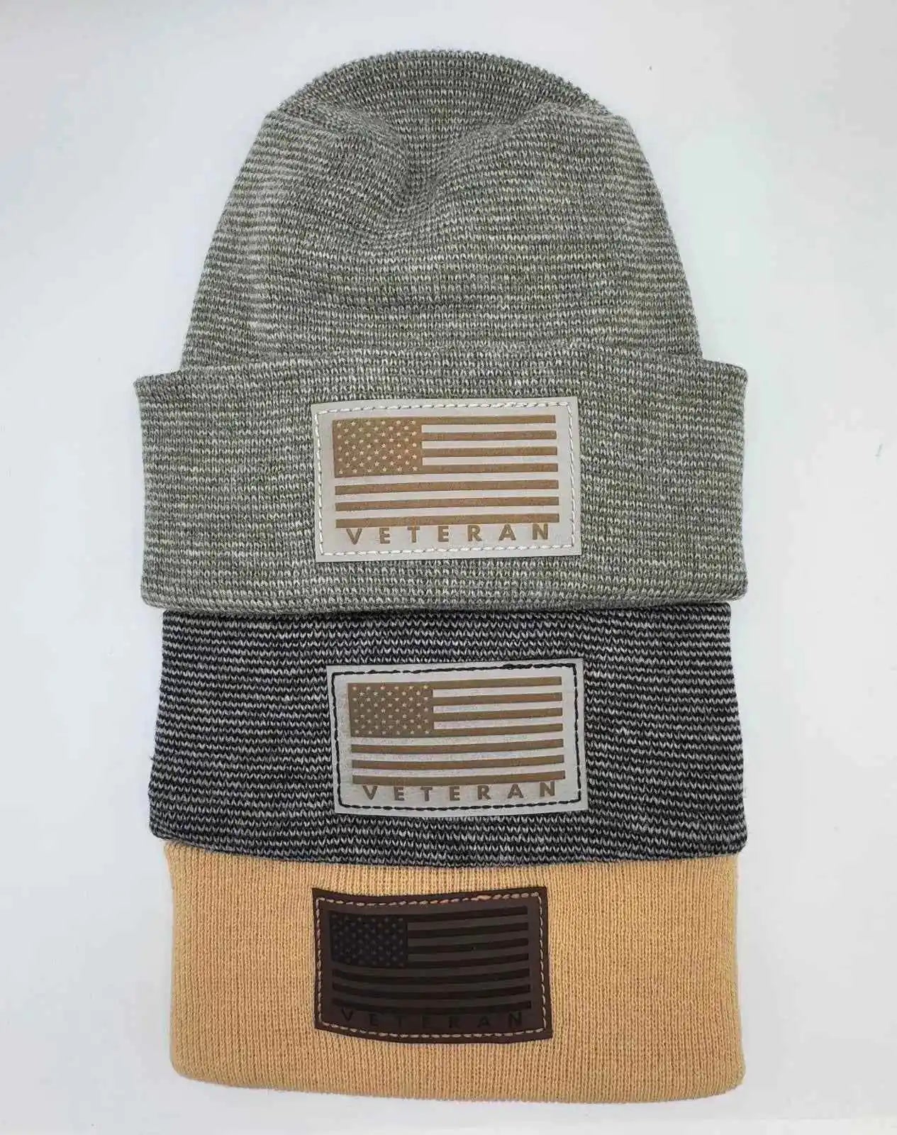 Cuffed knit beanie duo with Veterans flag patches in heather gray and tan