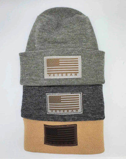 Cuffed knit beanie duo with Veterans flag patches in heather gray and tan
