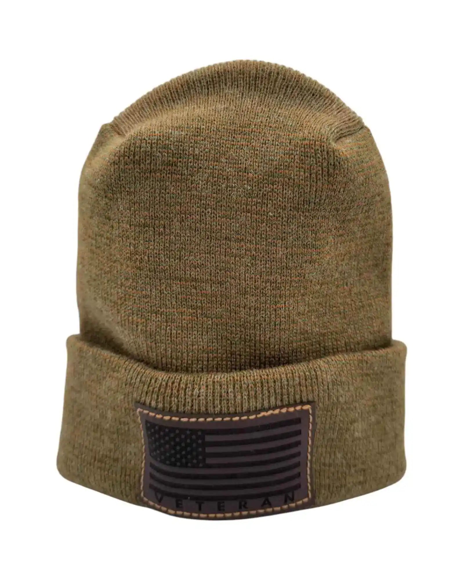 Cuffed knit beanie in olive with a dark Veterans flag patch on the cuff