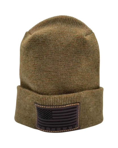 Cuffed knit beanie in olive with a dark Veterans flag patch on the cuff