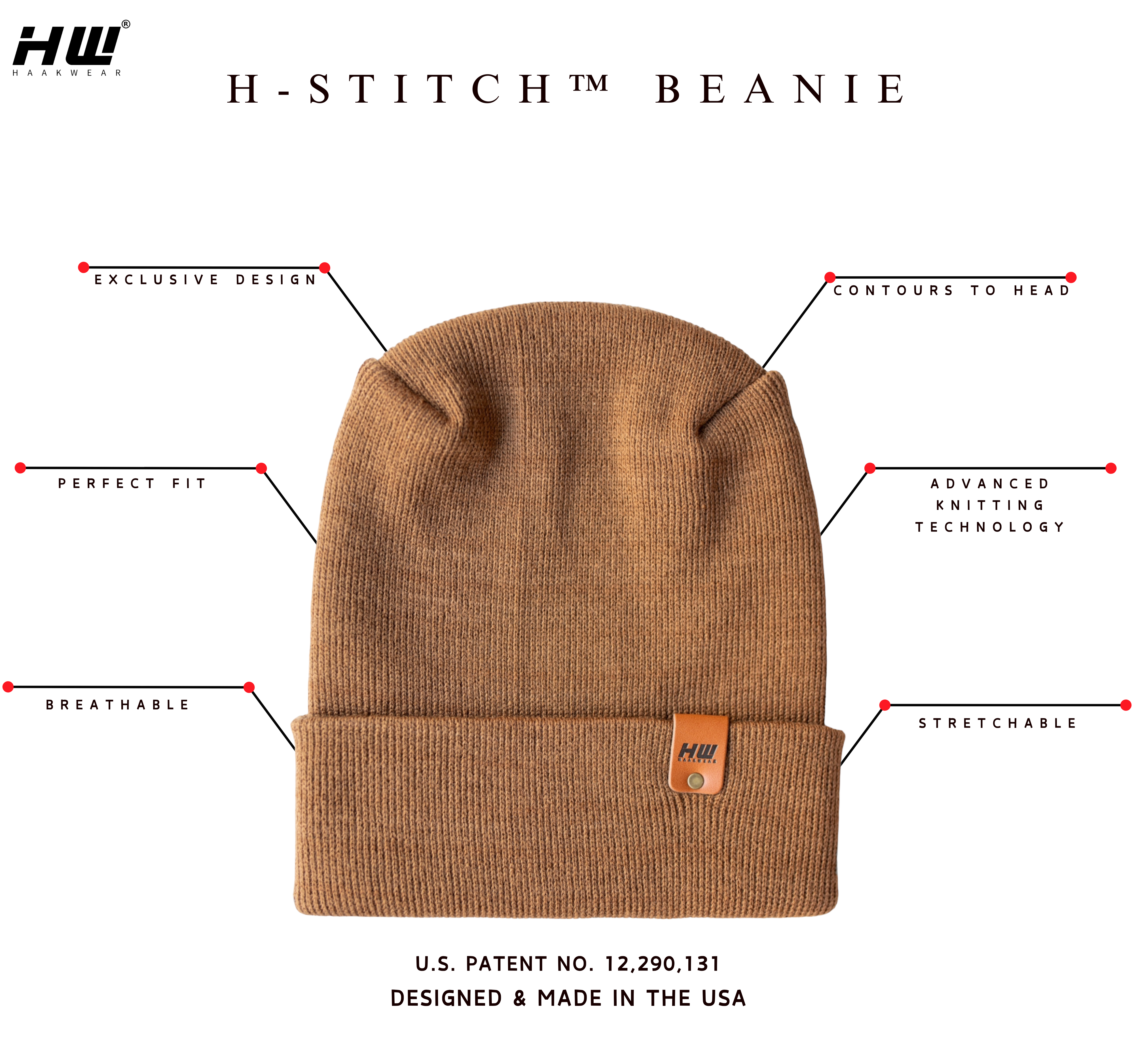 This picture shows all the benefits and features of the all new viral H stitch beanie by haakwear usa. 