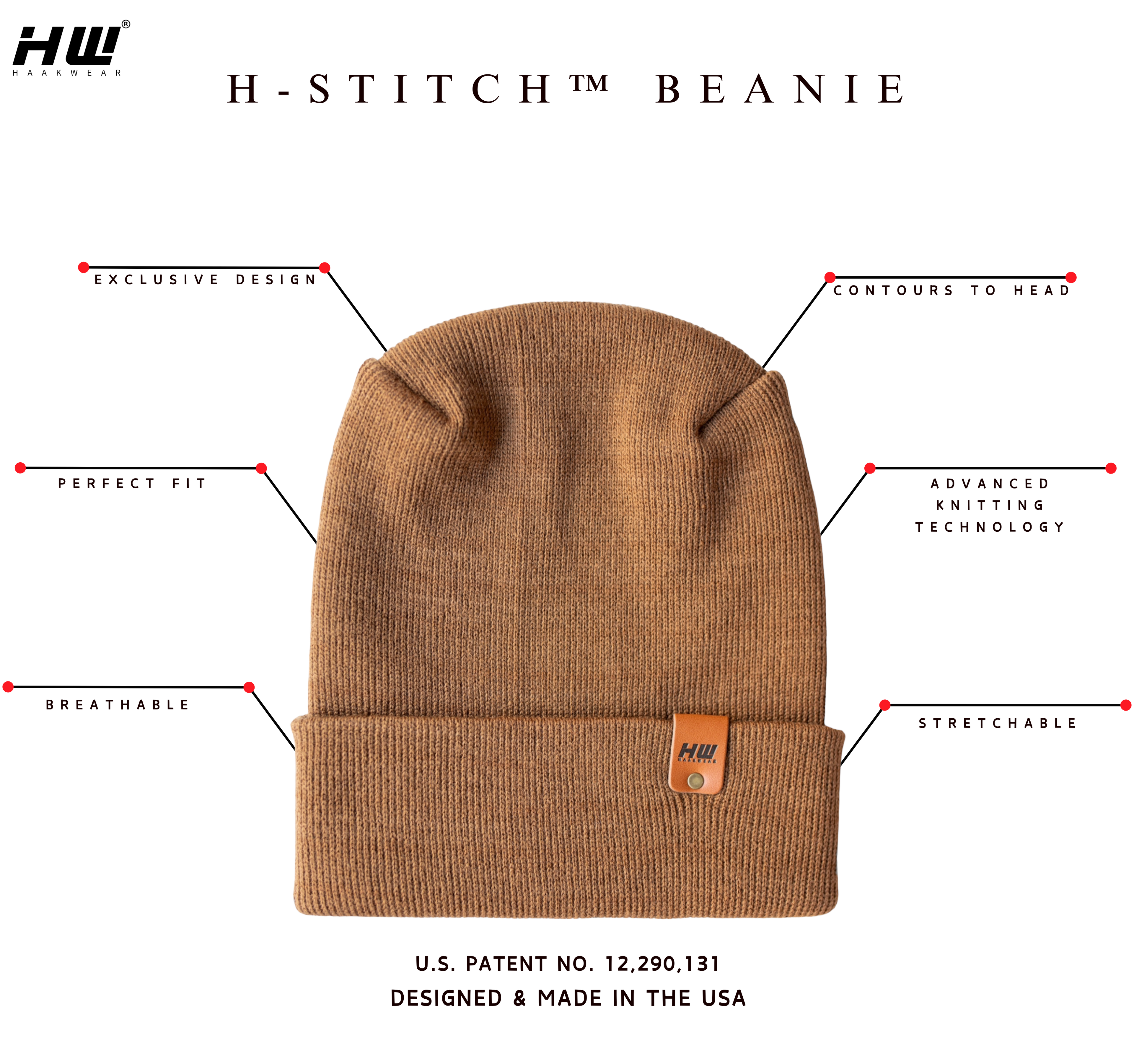 This picture shows all the benefits and features of the all new viral H stitch beanie by haakwear usa. 