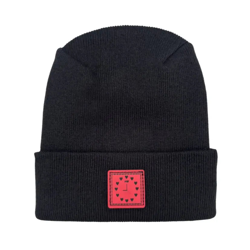 Haakwear Exclusive Love-Inspired Theta-Stitch Beanie – Limited Edition | Black Hat with Heart Clock - HAAKWEAR