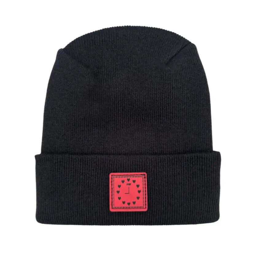 Haakwear Exclusive Love-Inspired H-Stitch Beanie – Limited Edition | Black Hat with Heart Clock.