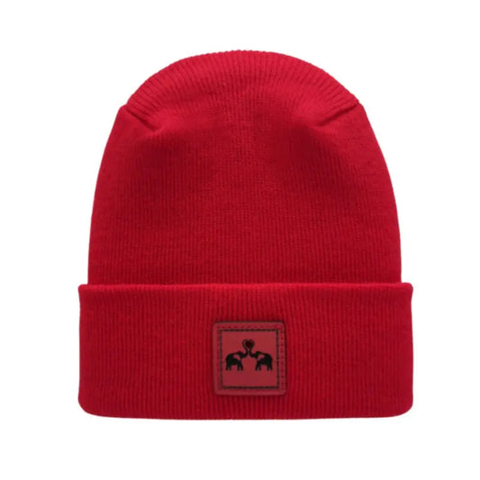 Haakwear Exclusive Love-Inspired Theta-Stitch Beanie – Limited Edition | Scarlet Red Hat with Elelove Elephants Design - HAAKWEAR