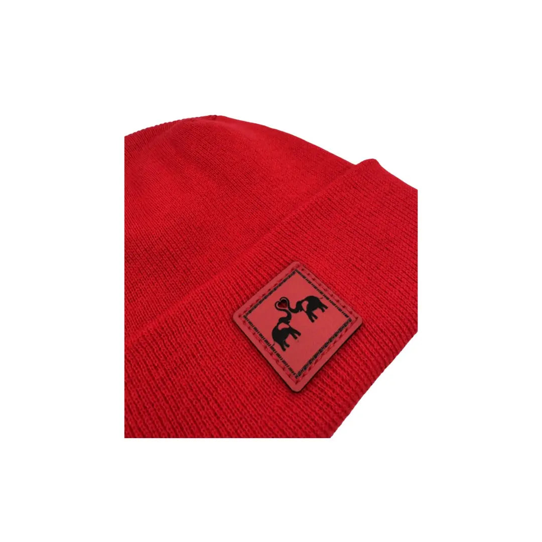 Haakwear Exclusive Love-Inspired Theta-Stitch Beanie – Limited Edition | Scarlet Red Hat with Elelove Elephants Design - HAAKWEAR