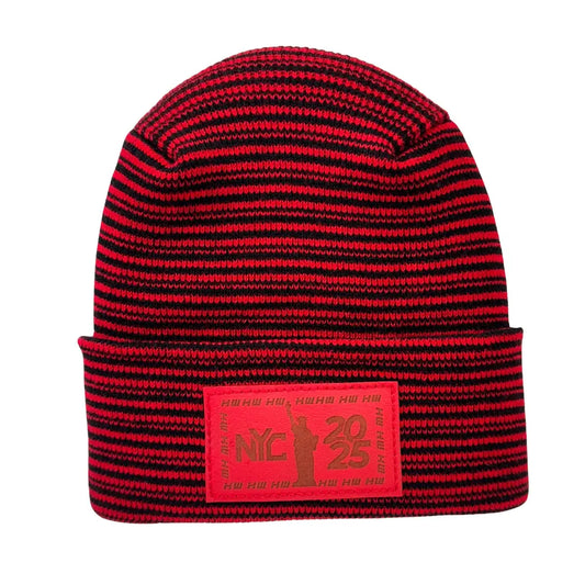 Haakwear NEW YEAR 2025 NYC, Modern Theta Stitch Contrast Cuffed Beanie / Hat (Patent Pending Design) Black / Red, Made in USA (Limited Edition) HAAKWEAR