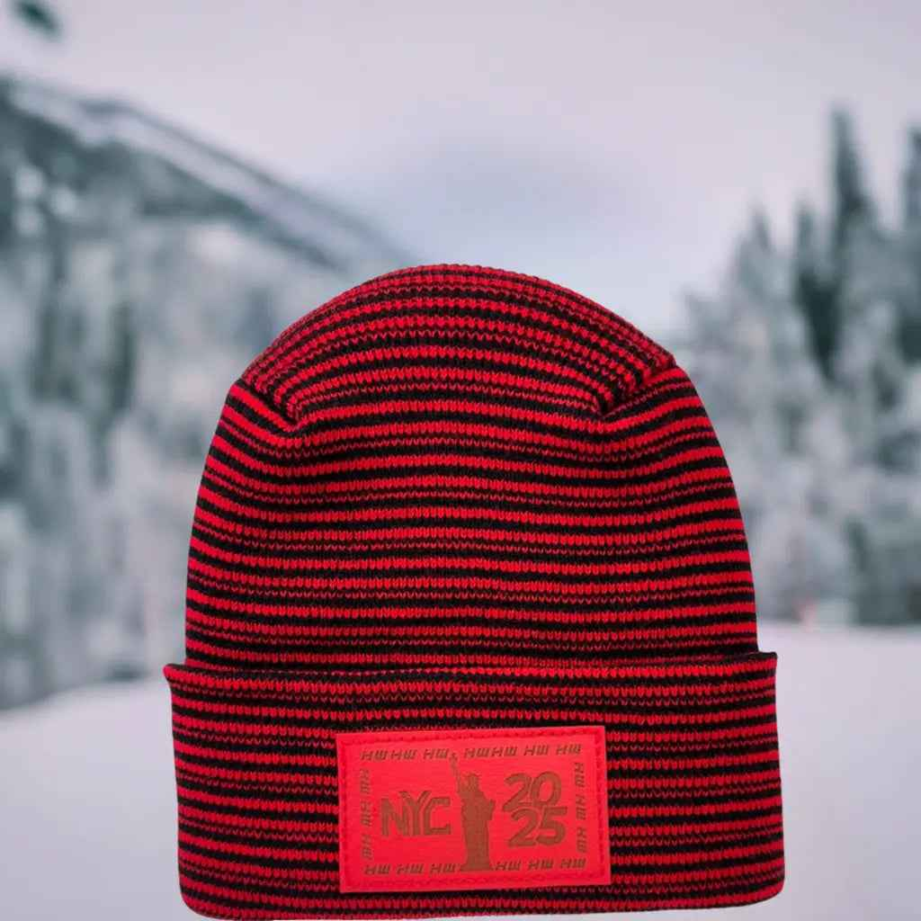 Haakwear NEW YEAR 2025 NYC, Modern H Stitch Contrast Cuffed Beanie / Hat (Patented Design) Black / Red, Made in USA (Limited Edition)