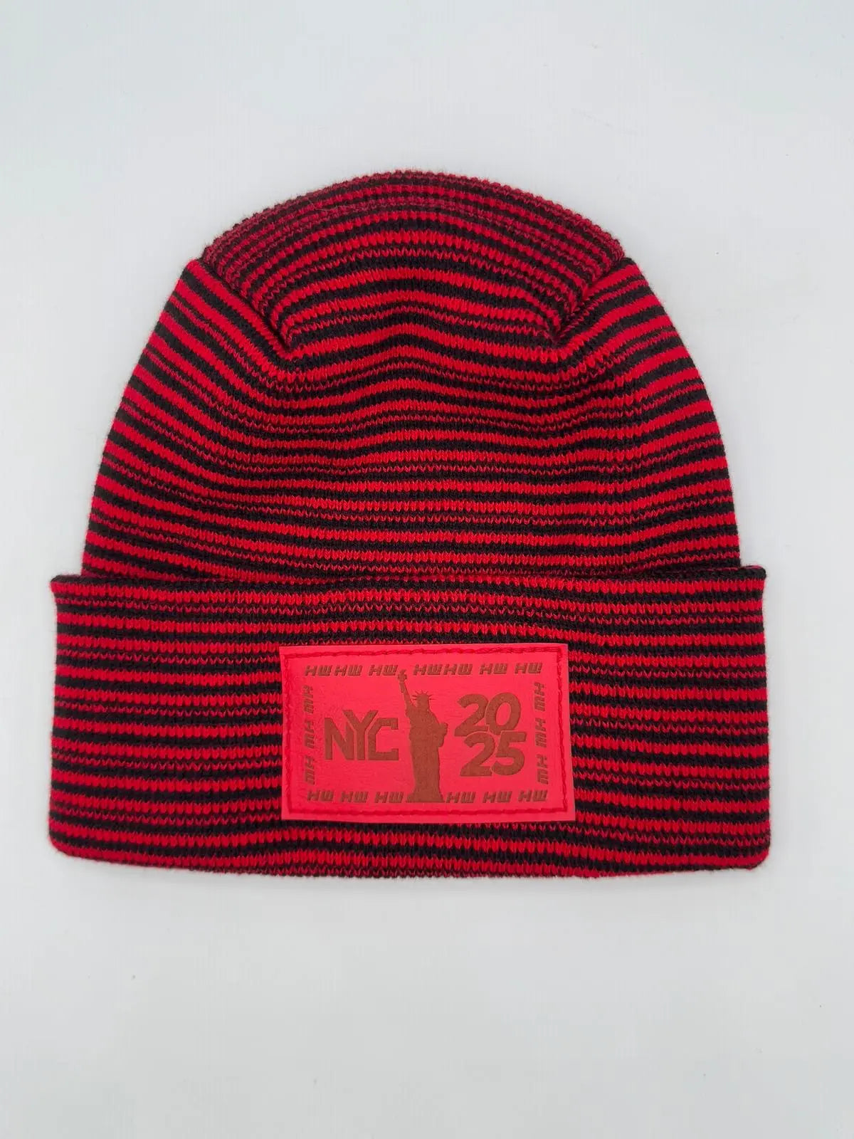 Haakwear NEW YEAR 2025 NYC, Modern Theta Stitch Contrast Cuffed Beanie / Hat (Patent Pending Design) Black / Red, Made in USA (Limited Edition) HAAKWEAR