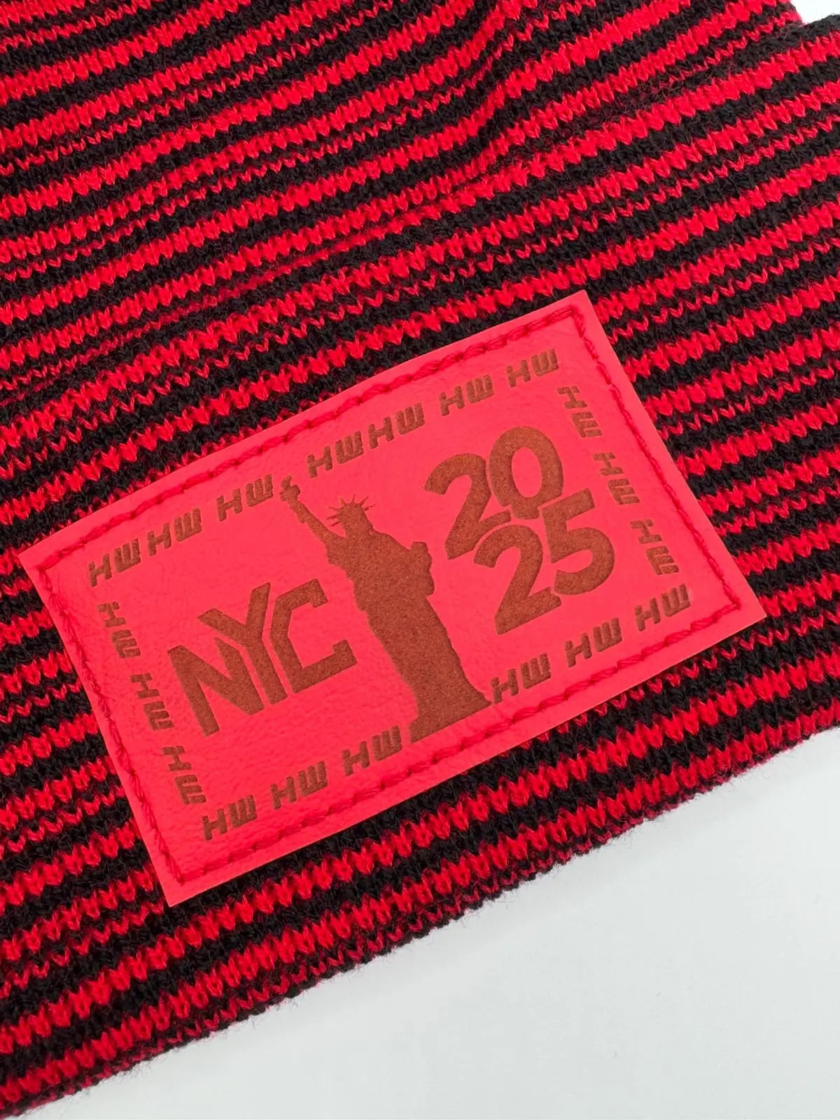 Haakwear NEW YEAR 2025 NYC, Modern Theta Stitch Contrast Cuffed Beanie / Hat (Patent Pending Design) Black / Red, Made in USA (Limited Edition) HAAKWEAR