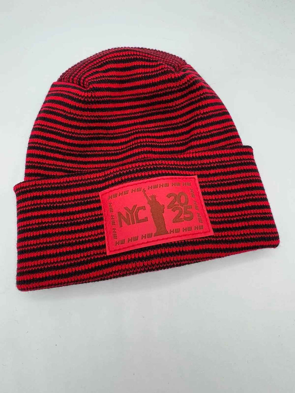 Haakwear NEW YEAR 2025 NYC, Modern H Stitch Contrast Cuffed Beanie / Hat (Patented Design) Black / Red, Made in USA (Limited Edition)