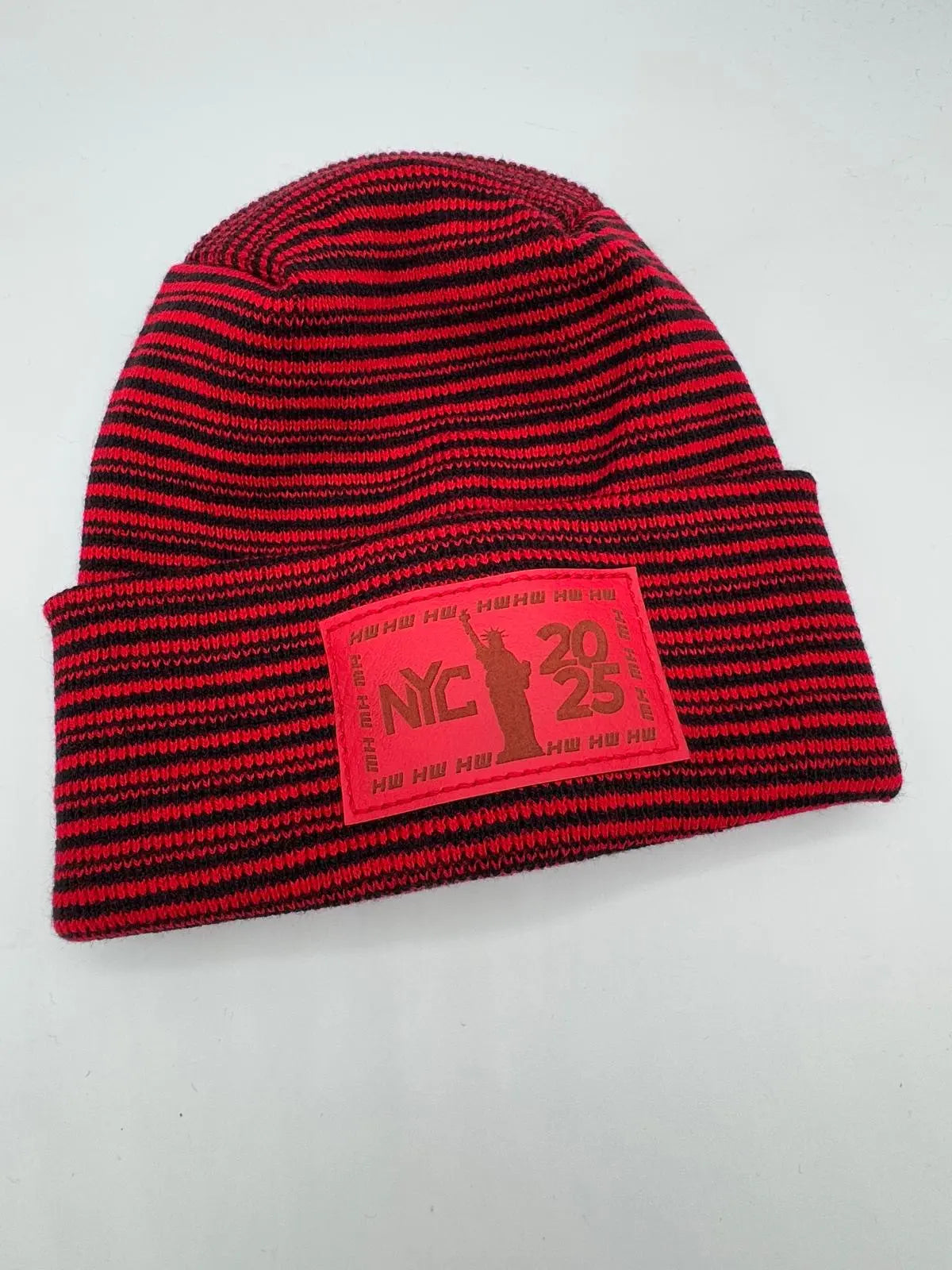 Haakwear NEW YEAR 2025 NYC, Modern Theta Stitch Contrast Cuffed Beanie / Hat (Patent Pending Design) Black / Red, Made in USA (Limited Edition) HAAKWEAR