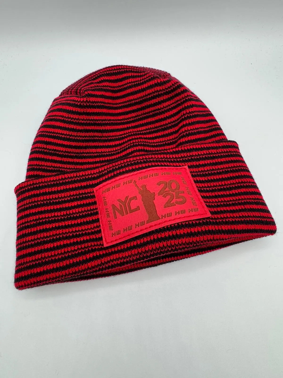 Haakwear NEW YEAR 2025 NYC, Modern Theta Stitch Contrast Cuffed Beanie / Hat (Patent Pending Design) Black / Red, Made in USA (Limited Edition) HAAKWEAR