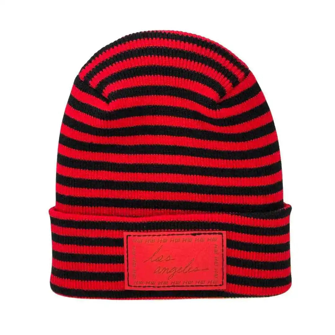 Los Angeles striped beanie in black and red knit with fold-up cuff and logo patch
