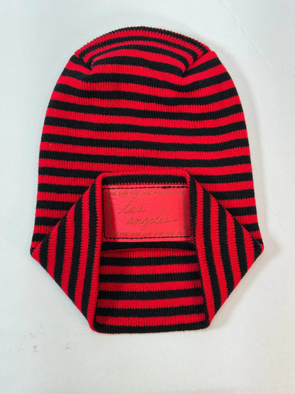 Striped black and red beanie with front logo patch and folded cuff